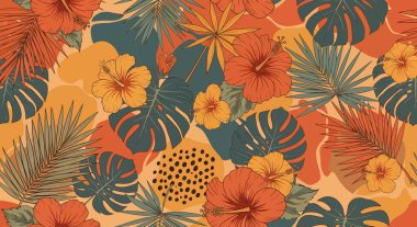 Turuncu ve sarı amber çiçekleri, canavar yaprakları ve palmiye yapraklarından oluşan kusursuz desenli retro renk paleti..