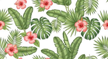 Pembe amber çiçekleri, yeşil muz yaprakları ve dev yapraklar içeren kusursuz desenler canlı bir tropikal tasarım yaratıyor..