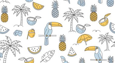 Dallara, ananaslara, kamışlı hindistan cevizlerine, palmiye ağaçlarına, karpuz dilimlerine ve diğer tropikal elementlere tünemiş kusursuz desenler..