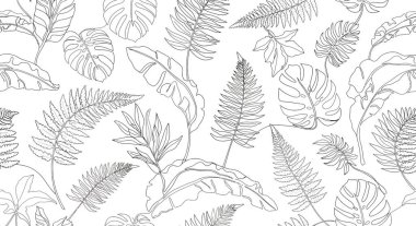 Canavarlar, eğrelti otları ve muz yaprakları da dahil olmak üzere çeşitli tropikal yaprakları içeren detaylı bir çizim, botanik desen oluşturur..