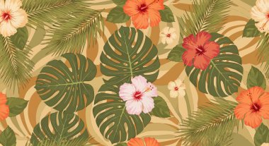 Kırmızı, turuncu ve pembe çiçekleri, yeşil canavarlar ve palmiye yapraklarını içeren canlı bir desen, soyut bir arkaplan üzerine kuruludur..