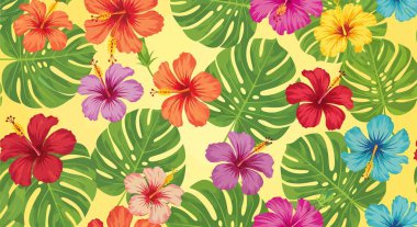 Kırmızı, turuncu, pembe, sarı ve mavi çiçekleri içeren renkli bir desen. Sarı arkaplanda büyük yeşil canavar yaprakları var..