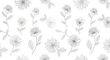 İnce çizgili sanat eserlerinde tekrar eden papatya ve yaprak deseni. Çiçekler çiçek açmanın çeşitli aşamalarında, ayrıntılı saplarıyla..