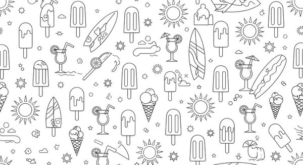 Бесшовный узор летних икон в стиле очертаний, включая эскимо, доски для серфинга, солнца, мороженое и коктейли.