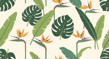 Kusursuz desenli, turuncu yapraklı ve yeşil tonlarda canavar yapraklı stilize cennet kuşu çiçekleri..