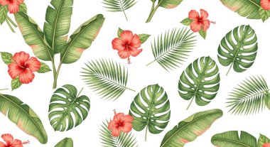 Kırmızı amber çiçekleri, yeşil muz yaprakları ve canlı bir tropikal tasarım yaratan dev yapraklar içeren kusursuz desenler..