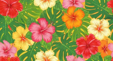 Kırmızı, pembe, sarı, turuncu ve kremalı amber çiçekleri içeren renkli bir desen, yemyeşil canavar yapraklarıyla karışıyor..