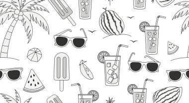 Palmiye ağaçları, güneş gözlükleri, karpuz dilimleri, buzlu dondurmalar, buzlu ferahlatıcı içecekler ve uçan kuşlar içeren tek renkli bir desen..