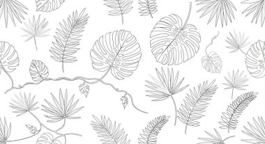 İçlerinde canavarlar, eğreltiotları ve palmiye yapraklarının da bulunduğu özet bir tropikal yaprak ve sarmaşık deseni..