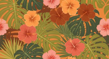 Pembe, turuncu ve kahverengi tonlarında, yeşil canavar yapraklarıyla birbirine karışmış amber çiçekleri içeren canlı bir desen..