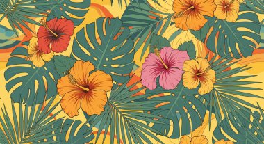 Renkli amber çiçekleri, canavar yaprakları ve tropikal yaz tasarımlı palmiye yaprakları içeren kusursuz desenler..