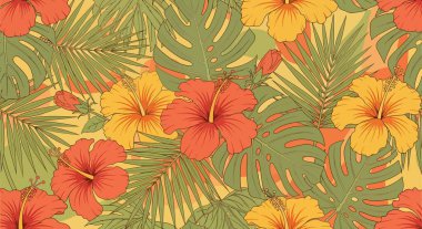 Kırmızı ve sarı amber çiçekleri, palmiye yaprakları ve rengarenk yapraklardan oluşan kusursuz bir desen..