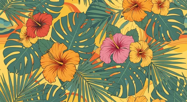 Renkli amber çiçekleri, canavar yaprakları ve tropikal yaz tasarımlı palmiye yaprakları içeren kusursuz desenler..