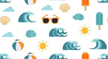 Dalgalar, güneş, dondurma, plaj topu, güneş gözlüğü, bulutlar ve deniz kabuklarının düz dizayn edildiği yaz temalı bir desen..