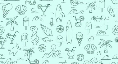 Yaz mevsimi plaj elementlerini içeren kusursuz desenler: dondurma, kokteyller, sörf tahtaları, deniz kabukları, palmiye ağaçları, dalgalar ve doğrusal ana hatlı plaj topları.