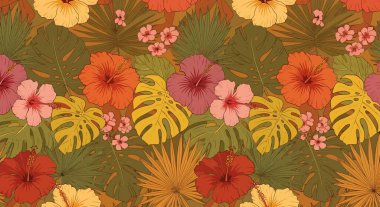 Sarı, turuncu, pembe ve yeşil tonlarda amber çiçekleri ve canavar yapraklarından oluşan kusursuz bir desen sıcak, tropikal bir hava yaratıyor..