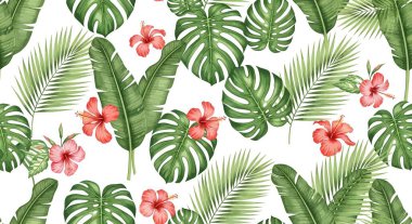 Titreyen bir tropikal dizaynda amber çiçekleri, palmiye yaprakları ve canavar yapraklarından oluşan kusursuz bir desen..