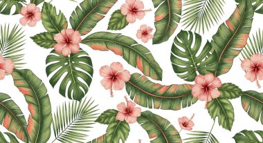 Pembe amber çiçeği deseni, yeşil canavar yaprakları ve biraz portakallı muz yaprakları..