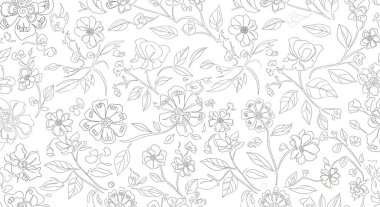 Kusursuz bir el yapımı çiçek ve yaprak deseni. Karmaşık çizgiler, çeşitli çiçek şekilleri ve boyutları içeriyor..