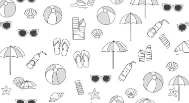 Güneş gözlükleri, şemsiyeler, plaj topları, deniz kabukları, terlikler ve güneş kremi şişeleri de dahil olmak üzere plaj temalı simgelerin kusursuz bir deseni..