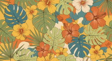 Sarı, turuncu ve kremalı amber çiçekleri içeren canlı bir desen, canavarlar ve yeşil ve mavi renkli palmiye yapraklarıyla karışıyor..