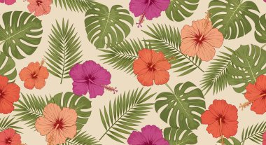Kırmızı, pembe, turuncu ve yeşil tonlarda amber çiçekleri, canavar yaprakları ve palmiye yaprakları içeren kusursuz desenler..