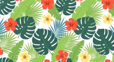 Kırmızı ve sarı amber çiçekleri, yeşil canavar yaprakları ve çeşitli palmiye yaprakları içeren renkli bir desen..