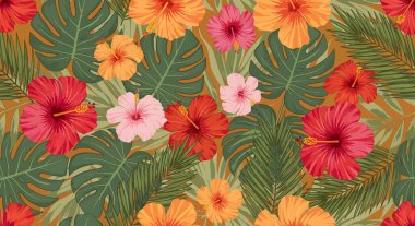 Kırmızı, turuncu ve pembe renklerde pürüzsüz bir çiçek deseni, sıcak bir arka planda yeşil tropikal yapraklarla karışıyor..