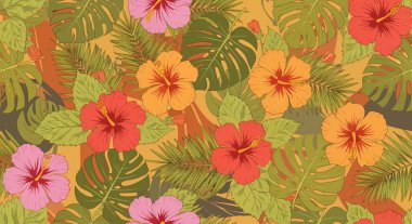 Kırmızı, pembe ve turuncu amber çiçekleri içeren pürüzsüz bir desen. Monstera ve palmiye yapraklarıyla karışmış retro renk paletinde..