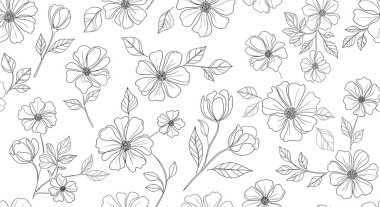 Kusursuz bir desen çizilmiş çiçek ve yapraklar, çeşitli çiçek şekilleri ve boyutları, narin ve zarif bir botanik tasarımı yaratıyor..