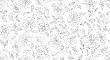 Özetlenmiş çiçek ve yapraklardan oluşan kusursuz bir desen. Botanik tasarımın minimalist bir tarzı var. Hassas çizgileri ve tek renkli bir şeması var..