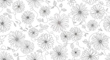 Ayrıntılı merkezleri ve yapraklı sarmaşıkları olan papatya benzeri çiçeklerin yinelenen bir deseni, hepsi tek renkli çizim tarzında yapılmış..