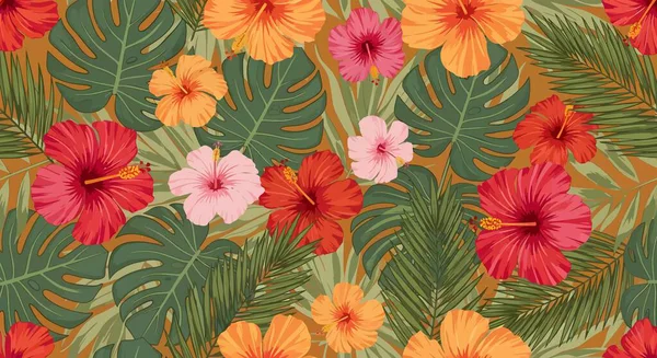 Kırmızı, turuncu ve pembe renklerde pürüzsüz bir çiçek deseni, sıcak bir arka planda yeşil tropikal yapraklarla karışıyor..