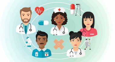 Doktorlar, hemşireler ve kalp atışı, haplar, mikroskop, koltuk değnekleri ve bandajlar gibi tıbbi ikonlar da dahil olmak üzere çeşitli sağlık uzmanlarının düz vektör çizimi.
