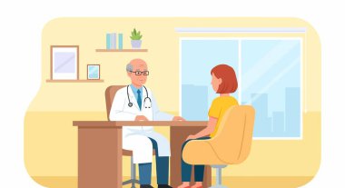 Masasında oturan gözlüklü ve steteskoplu bir doktor sarı tişörtlü, kızıl saçlı bir kadın hastaya bakıyor..