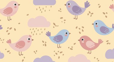 Pembe, mavi ve mor tonlarında şekillendirilmiş kuşların tüylü bulutlar ve dağınık tohumlarla karışımı kusursuz bir desen..