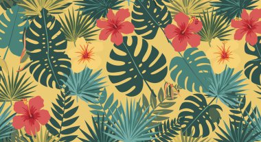 Kırmızı ve sarı amber çiçekleri, canavar yaprakları ve çeşitli palmiye yapraklarından oluşan pürüzsüz bir desen..