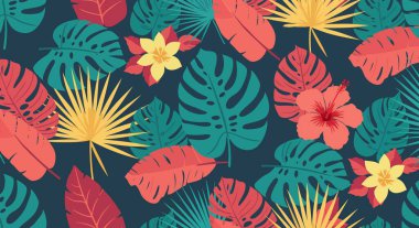 Renkli bir desen; biçimlendirilmiş canavar yaprakları, amber çiçekleri, yelpaze palmiye yaprakları, ve diğer tropikal yapraklar, deniz mavisi, sarı ve mercan renklerinde..