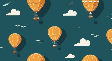 Turuncu sıcak hava balonları, stilize bulutlar ve minimalist kuş şekilleri içeren pürüzsüz bir desen..