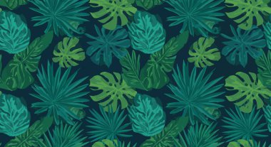 Koyu arkaplanda yeşil ve deniz mavisi tonlarında tropikal yapraklar, palmiye yaprakları ve kalathea içeren yoğun bir desen..