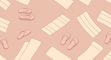 Yumuşak, sessiz bir renk paletinde çizilmiş terliklerin ve çizgili havluların kusursuz bir deseni, yazlık, plaj havası yaratıyor..