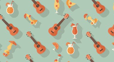 Ukuleleler, pipetli ananas kokteylleri ve açık mavi arka planda turuncu dilimler ve şemsiyeli diğer egzotik içeceklerden oluşan kusursuz desenler..