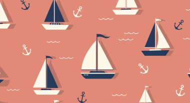 Donanma ve beyaz yelkenli, çapa ve somon renkli arka planda basit dalga tasarımları olan kusursuz yelkenliler..