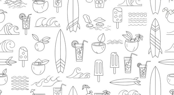 Бесшовный рисунок летних элементов, включая доски для серфинга, волны, напитки, мороженое и кокосы, все в простом стиле.