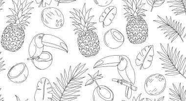 Çizilmiş ananas, hindistan cevizi, tukan dallara konmuş ve tropikal palmiye yaprakları ile kusursuz desen, yaz mevsiminde, egzotik bir tasarım yaratıyor..