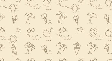 Yaz temalı simgelerden oluşan kusursuz desen: güneş, palmiye ağaçları, dondurma, güneş gözlüğü, plaj topu, güneş kremi, şemsiye, yüzme şortu, dalgalar ve bir horoz..