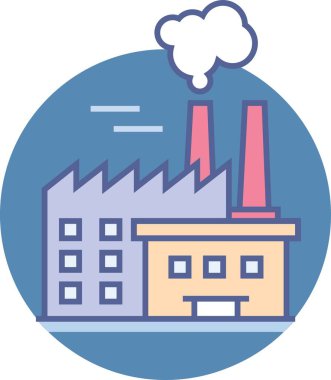 Testereli bir çatı, beyaz bulut yayan pembe bacalar ve mavi daire içinde kare pencereli bir bina içeren stilize edilmiş bir fabrika ikonu..