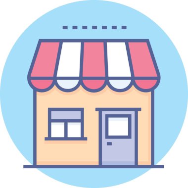 Kırmızı ve beyaz çizgili tenteli, penceresi ve kapısı olan bir mağaza vitrininin stilize edilmiş bir simgesi, açık mavi bir arkaplan üzerine kurulmuş..