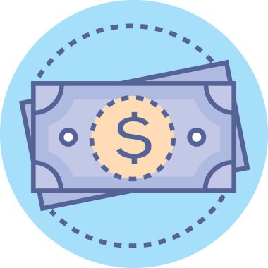 İki stilize edilmiş açık mor banknot üzerinde bir dolar para ikonu ile istiflenmiş, hepsi de çizgili açık mavi bir daire içinde..