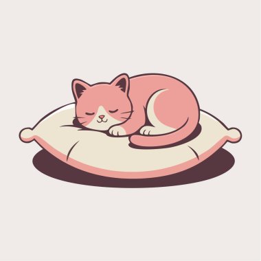 Kedi pembe bir yastığın üzerinde yatıyor. Çizgi film tarzı. vektör illüstrasyonu